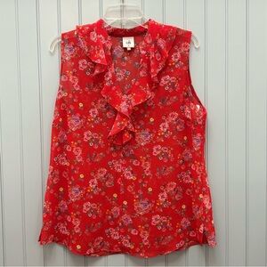 CAbi Red Floral Sleeveless Top with Ruffles Size Medium